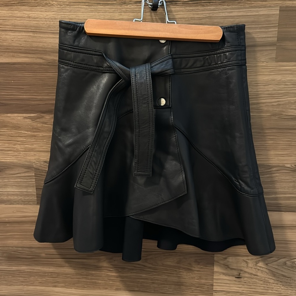 Maje Janaki Leather Black Wrap Lined Snap Tie Belt Mini A Line Skirt 26”